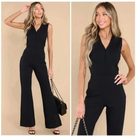 Spanx Perfect Sleeveless Jumpsuit Black 1X Wide Leg Shaping V-Neck Career Chic - Picture 16 of 16